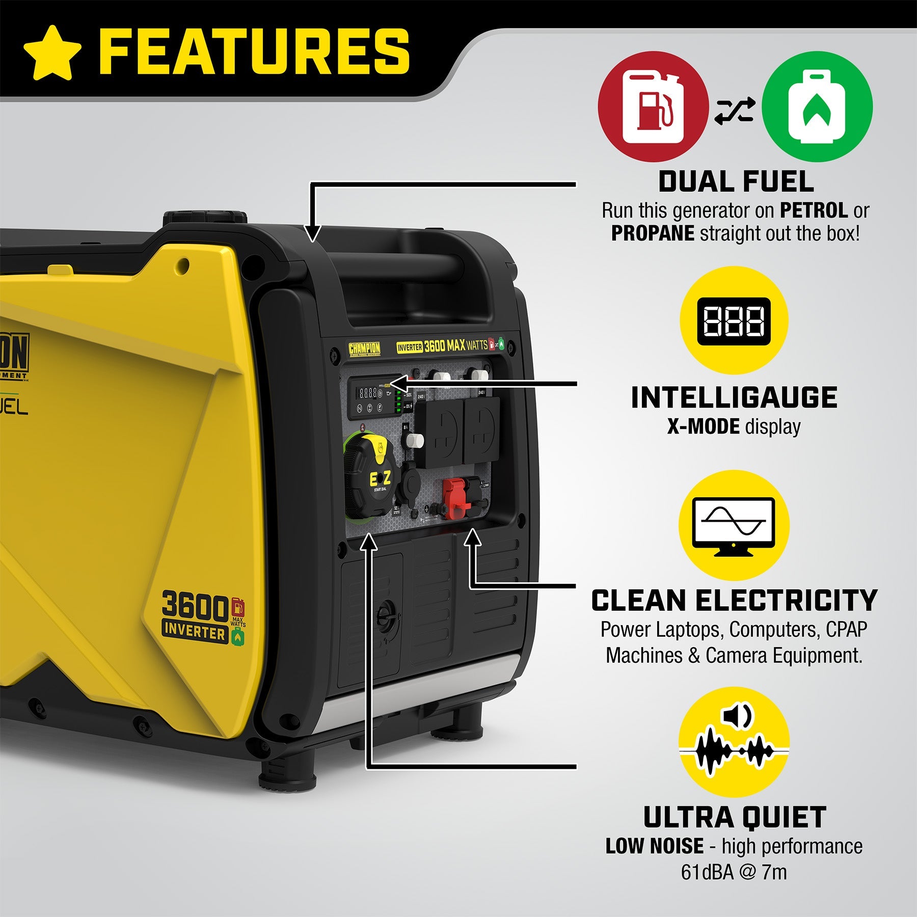 Champion 3600 Watt LPG Dual Fuel Inverter Generator