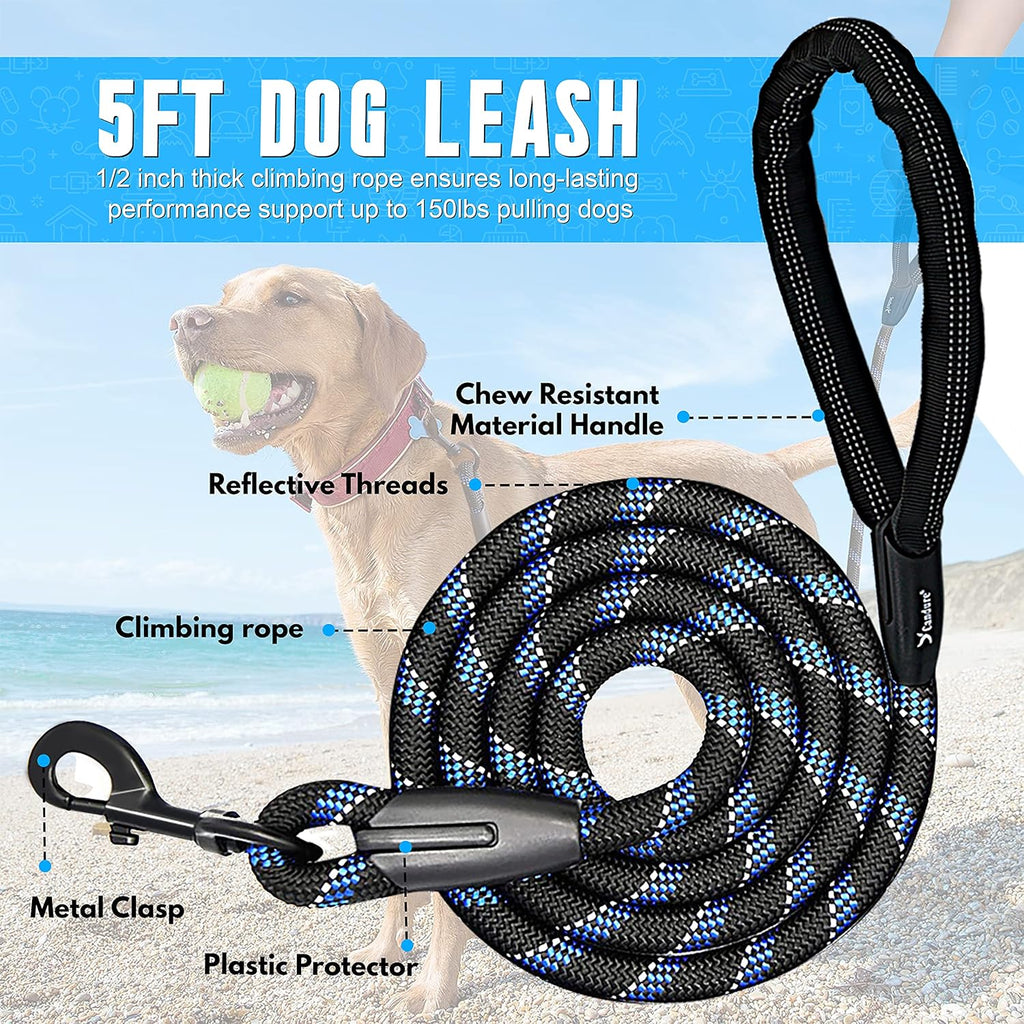 Dog Leash 5 FT, Reflective Rope Lead for Medium & Large Dogs