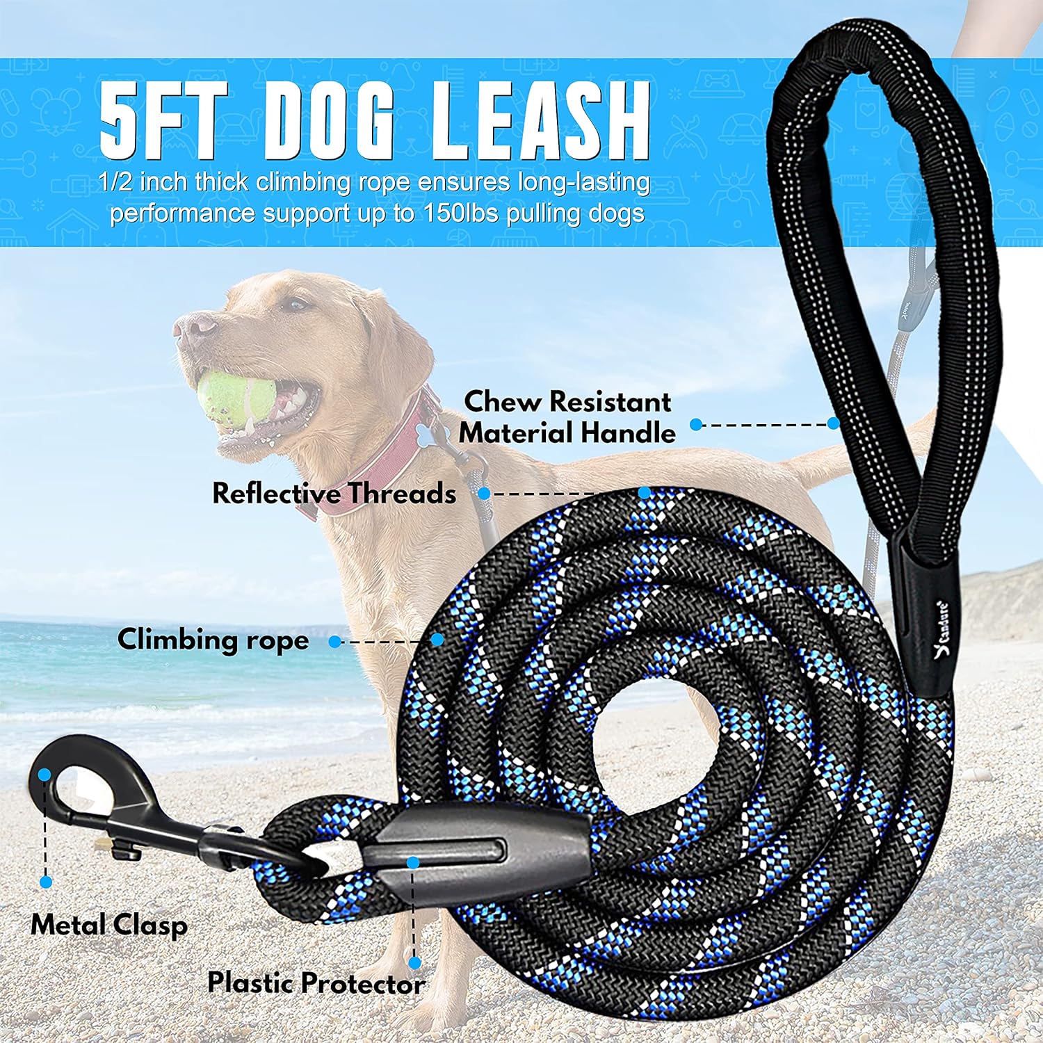 Dog Leash 5 FT, Reflective Rope Lead for Medium & Large Dogs