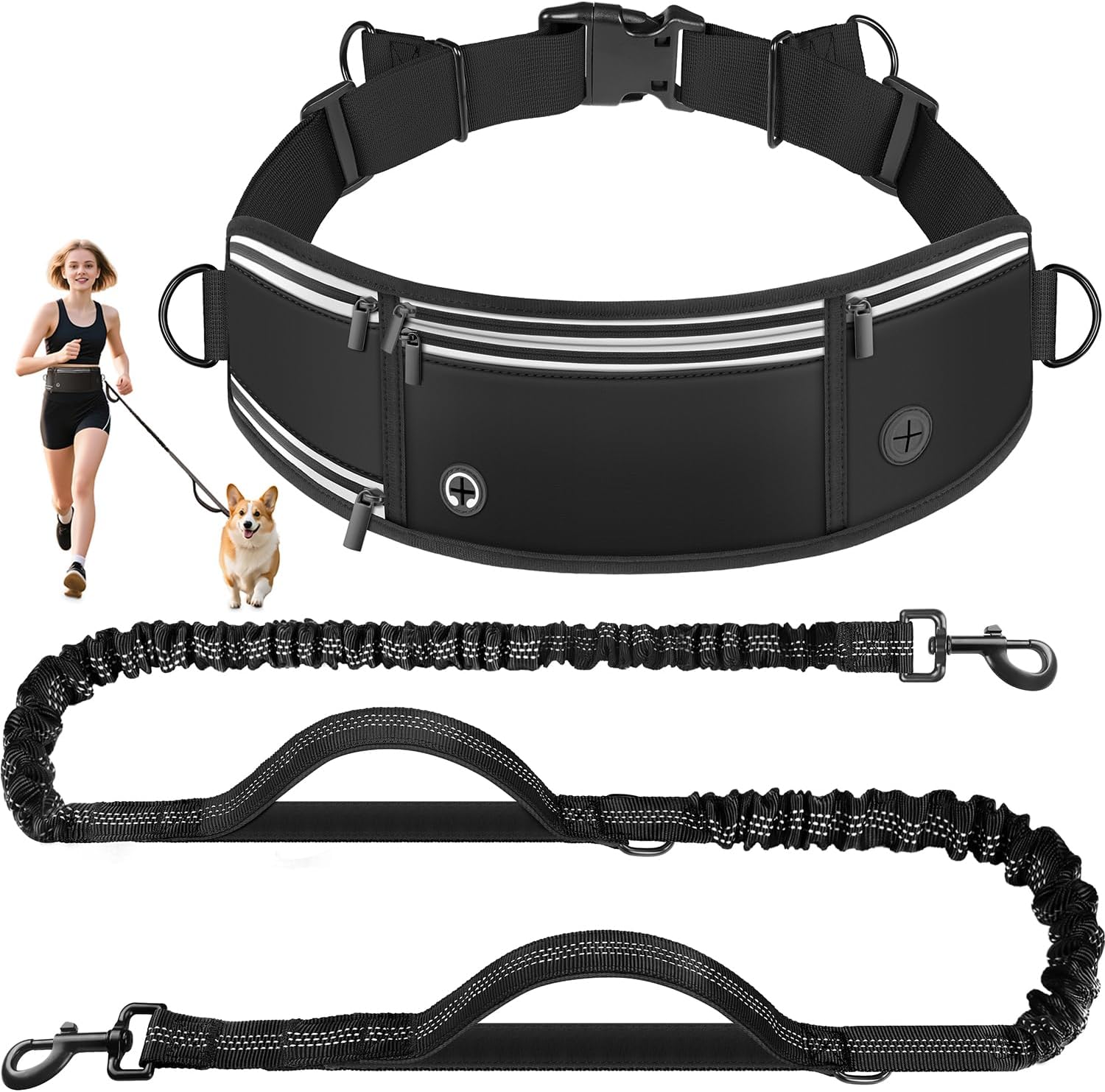 Hands-free dog lead with adjustable waist belt, shock-absorbing strap