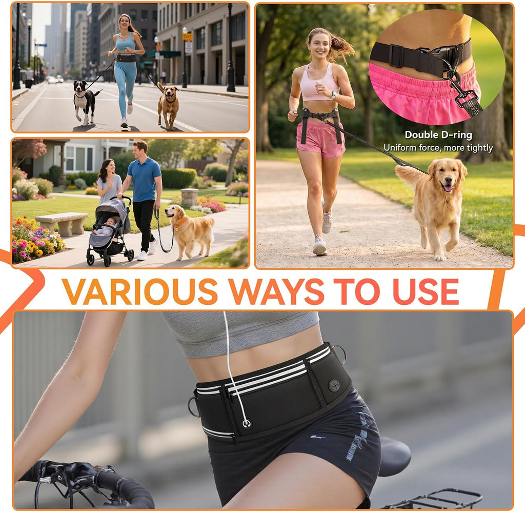 Hands-free dog lead with adjustable waist belt, shock-absorbing strap