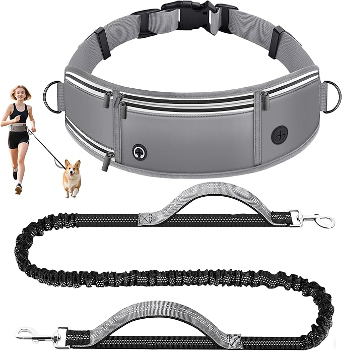 Hands-free dog lead with adjustable waist belt, shock-absorbing strap