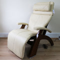 Perfect Chair Electric Zero Gravity Recliner, Ivory Leather w/ Walnut Base - Showroom Model