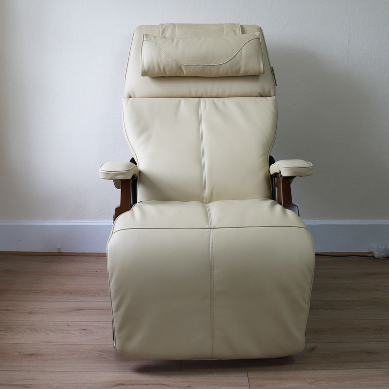 Perfect Chair Electric Zero Gravity Recliner, Ivory Leather w/ Walnut Base - Showroom Model