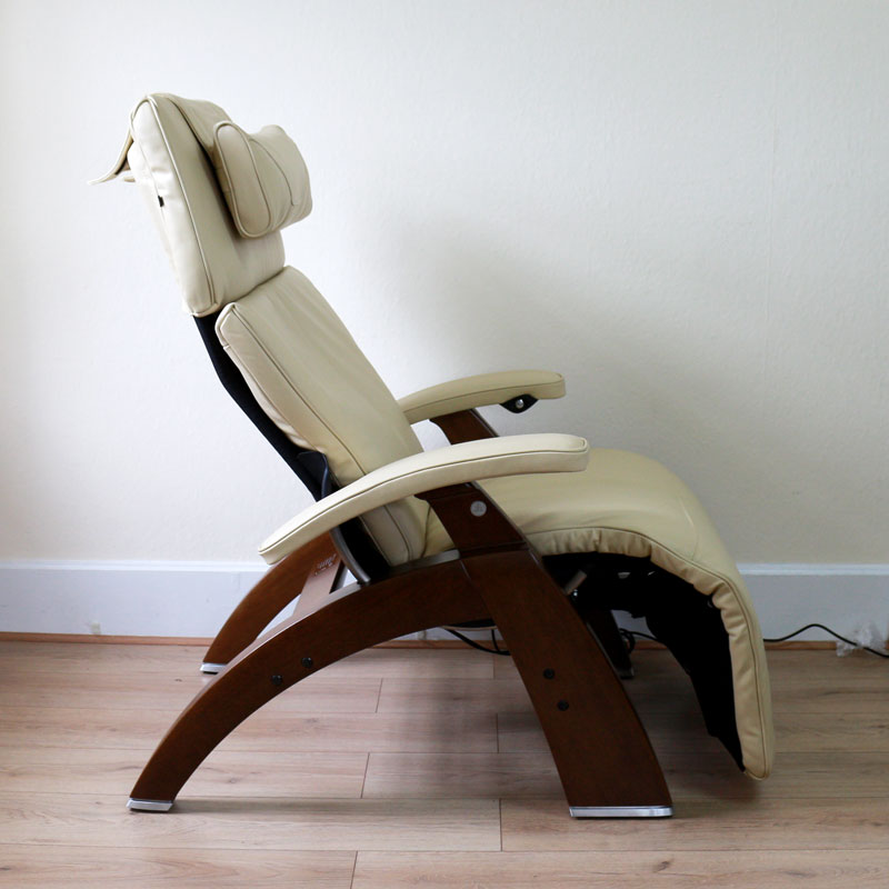 Perfect Chair Electric Zero Gravity Recliner, Ivory Leather w/ Walnut Base - Showroom Model