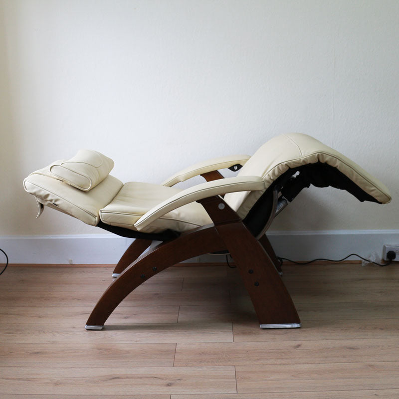 Perfect Chair Electric Zero Gravity Recliner, Ivory Leather w/ Walnut Base - Showroom Model