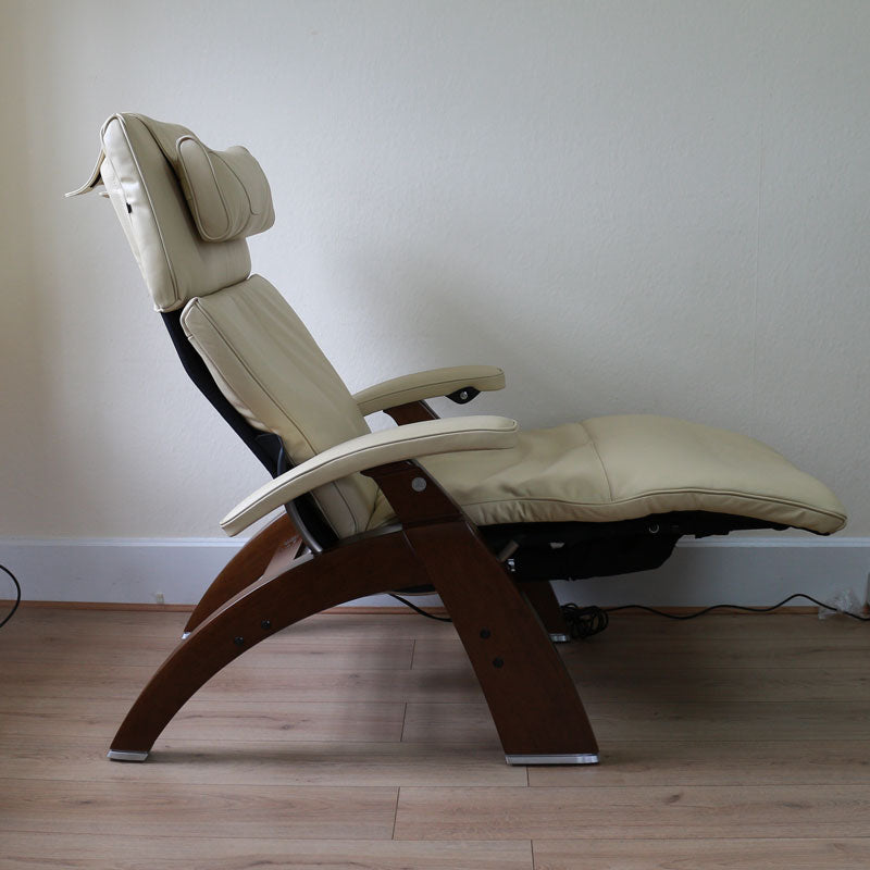 Perfect Chair Electric Zero Gravity Recliner, Ivory Leather w/ Walnut Base - Showroom Model
