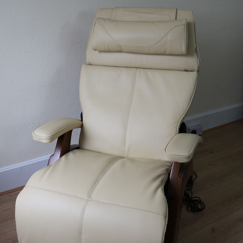 Perfect Chair Electric Zero Gravity Recliner, Ivory Leather w/ Walnut Base - Showroom Model