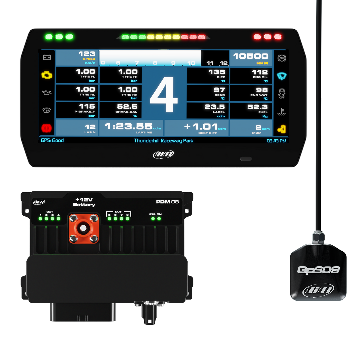 AiM PDM08 With 10" Race Icons Display GPS Data Logging Kit