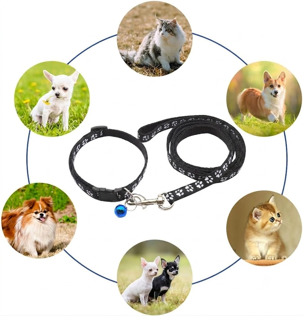 Puppy Collar and Lead Set, Adjustable Paw Print Collar & Leash