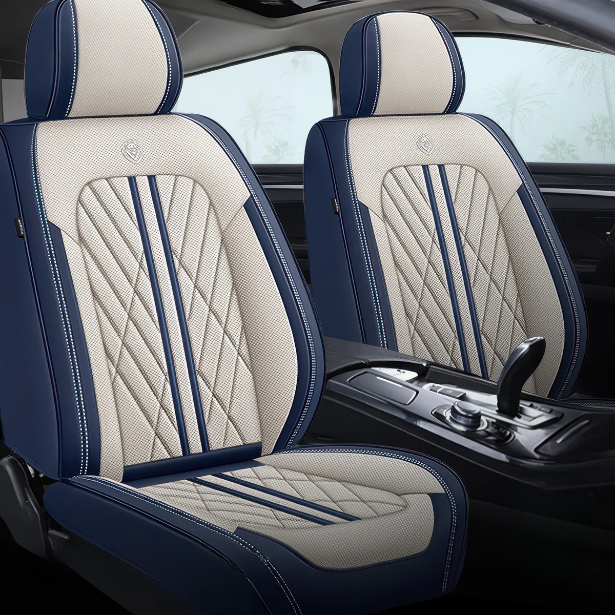 Elite Car Seat Covers - Beige & Blue | Waterproof Leather Car Seat Covers
