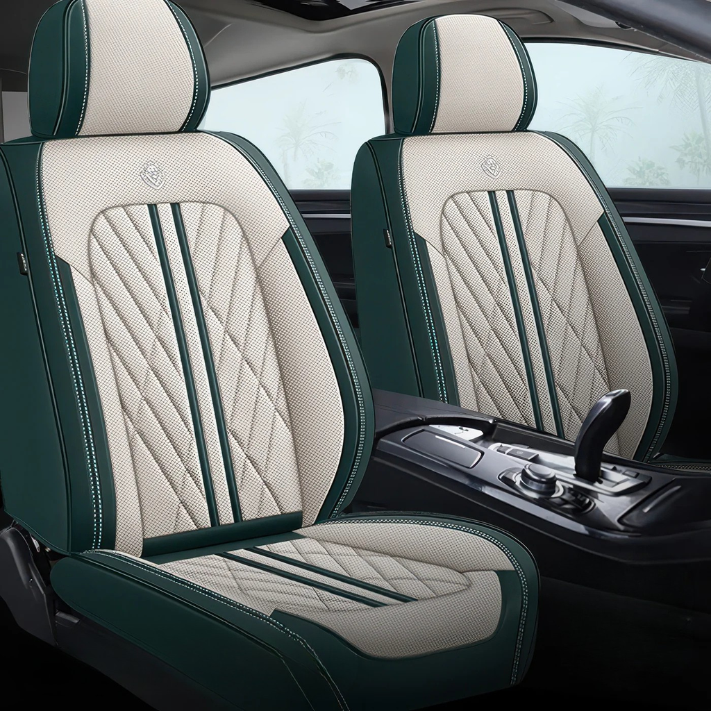 Elite Car Seat Covers - Beige & Green | Waterproof Leather Car Seat Covers