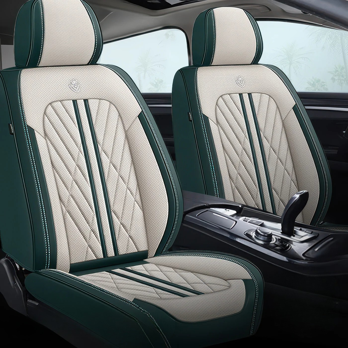Elite Car Seat Covers - Beige & Green | Waterproof Leather Car Seat Covers