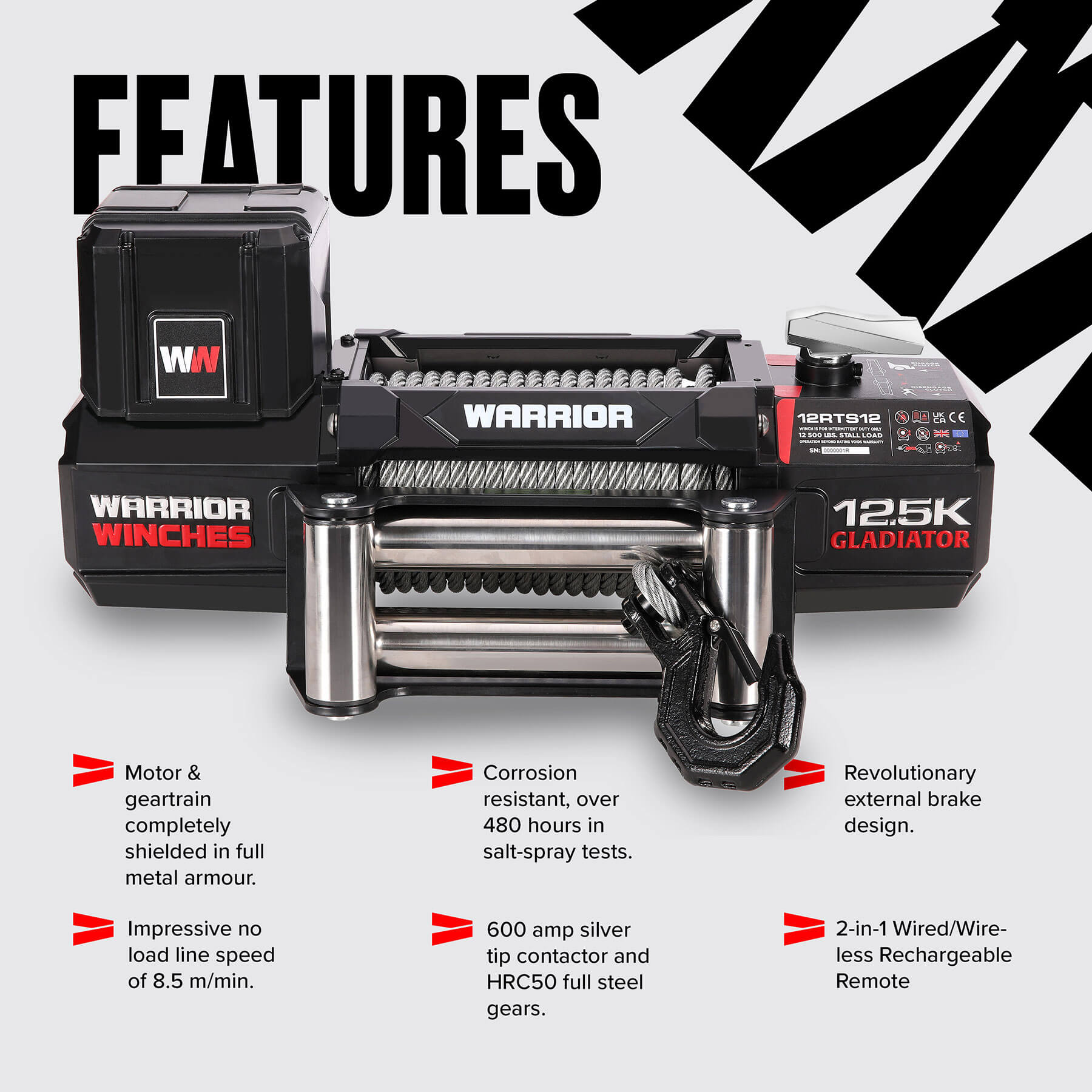 Gladiator R-Type 12500 Electric Winch - 12v Steel Rope