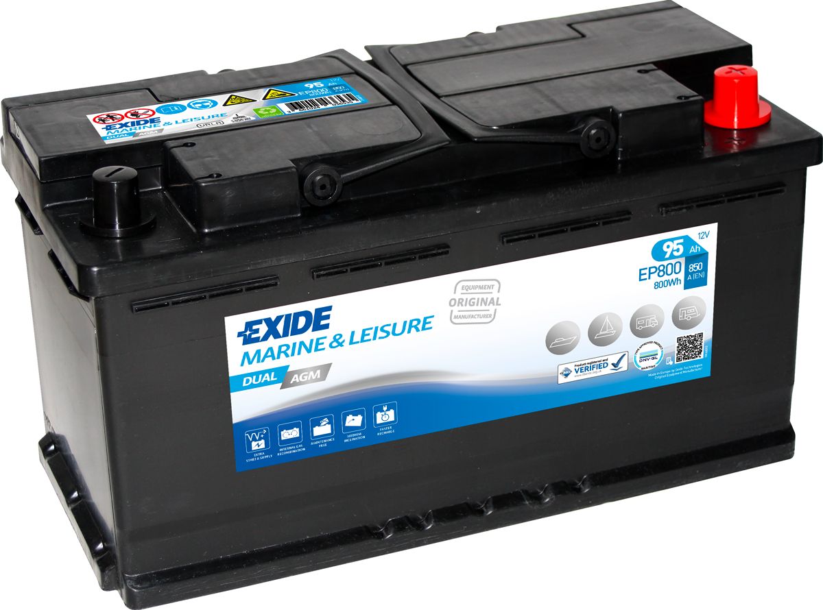 EXIDE EP800 DUAL AGM LEISURE MARINE BATTERY Capacity (C20) 95Ah CCA(EN) 850A