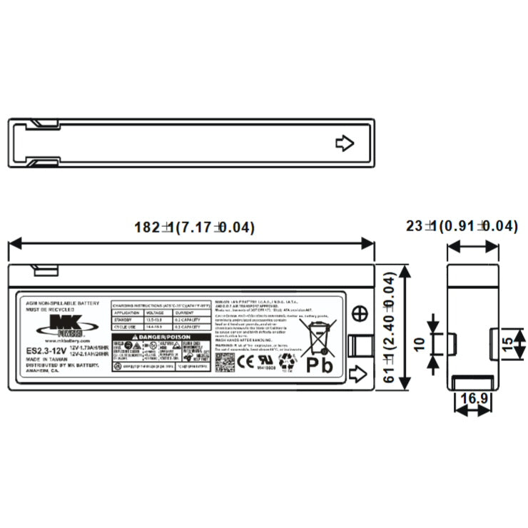 ES2.3-12 AGM MK Battery 12Volt 2.1Ah ES2.3-12V