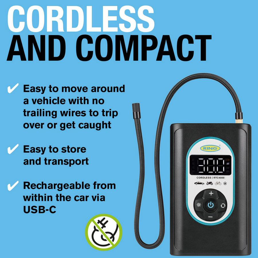 Ring RTC4000 Cordless Rechargeable Tyre Inflator with Auto-Stop